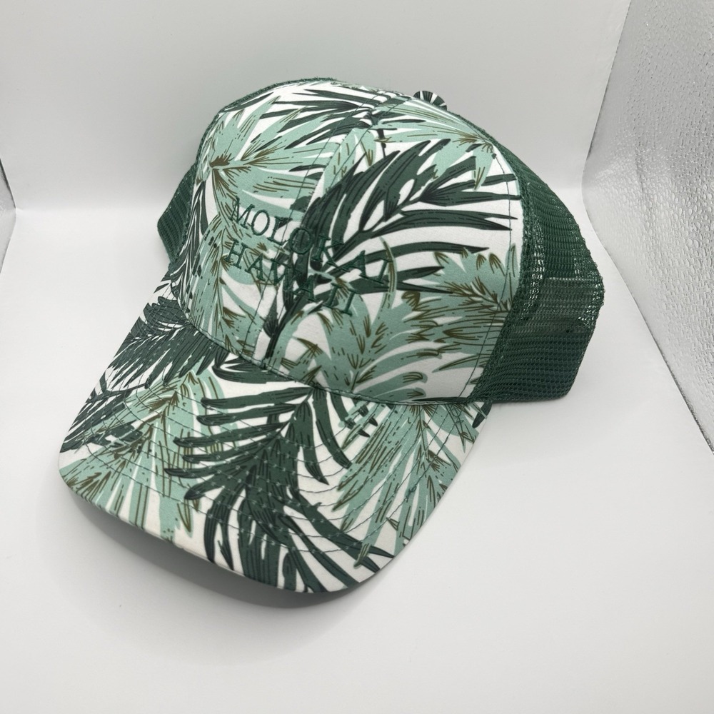 Molokai Hawaii Trucker Hat Green Tropical Leaf Snapback Mesh Cap Cappelli OSFM - Picture 14 of 14